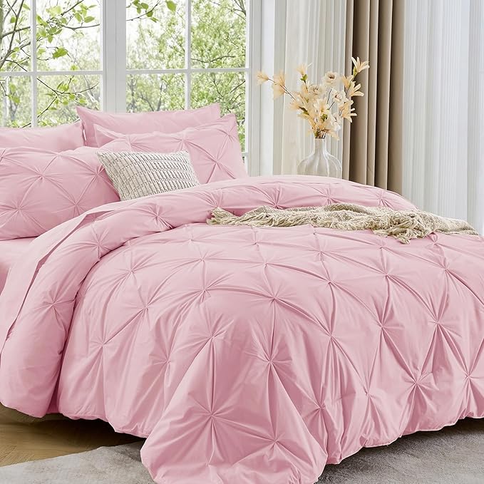 Sasttie Twin Comforter Set, 5-Piece Bed in a Bag, Pintuck Bedding Sets for All Season, Includes Comforter, Flat Sheet, Fitted Sheet, Pillowcase and Pillowsham, Baby Pink