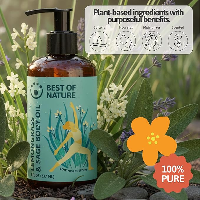Best of Nature Lemongrass & Sage Aromatherapy Massage Oil – Non-Greasy Body Oil for Skin, Face & Massage – Uplifting Essential Oil Blend – 8 fl oz