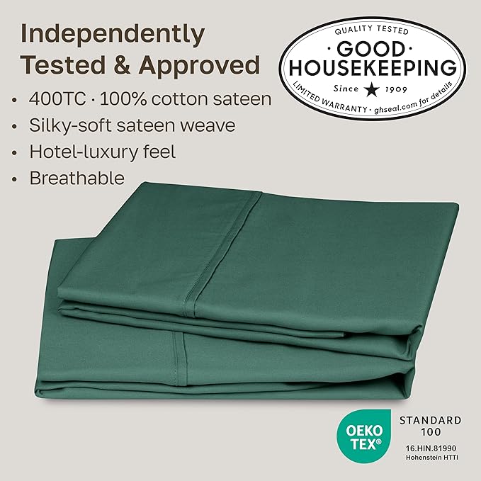 California Design Den King Size Pillowcase Set - 400 Thread Count, 100% Cotton Sateen, Set of 2 Pillow Covers, Soft and Breathable - Hunter Green