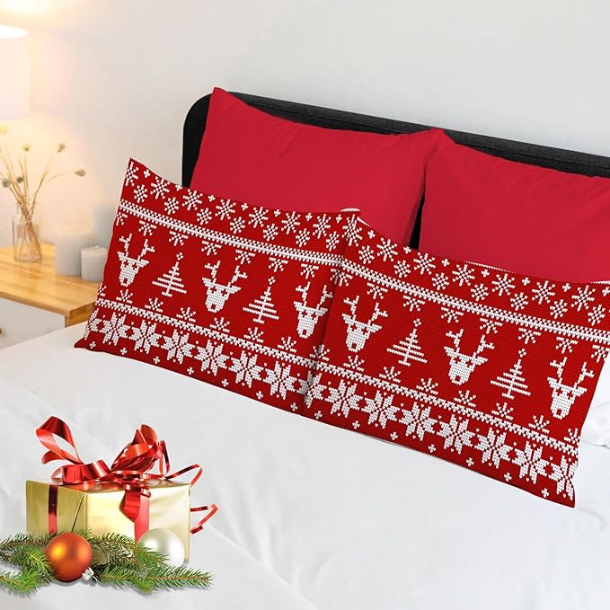 YIYEA Christmas King Size Pillow Cases Set of 4, Ultra Soft Double Brushed Microfiber Red Pillowcases and Christmas Reindeer Pillow Covers, Envelope Closure, Fade Resistant (20"x36")