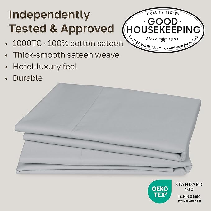California Design Den Pillow Covers King Size Set of 2-1000 Thread Count Sateen, Soft and Thick 100% Cotton King Size Pillows Cases, Durable - Light Grey