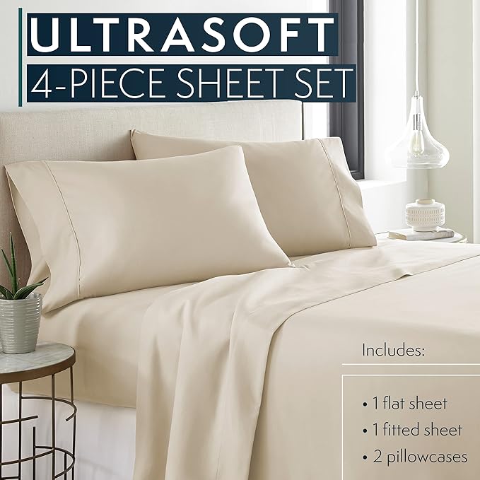 HC COLLECTION Bed Sheets Set Queen with 2 Pillowcases, Hotel Luxury Platinum 1800 Series Brushed Microfiber Deep Pocket Fitted Sheet, Fade Resistant Ultra Soft 4 Pcs Bedding for Hot Sleepers, Cream