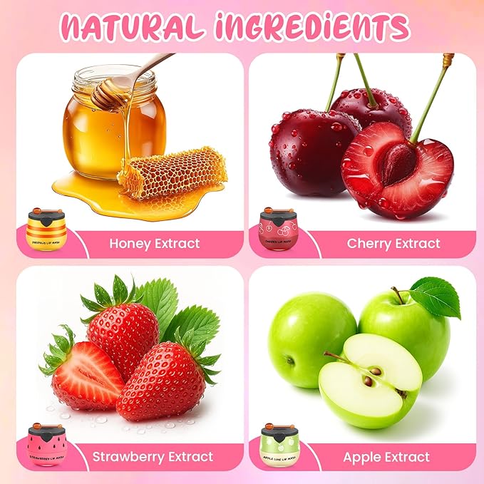 4PCS Bee Honey Balm Lip Balm, Cherry Apple Strawberry Honey Lip Balm, Moisturizing Sleeping Lip Mask Overnight, Prevention Dry and Cracked Lips