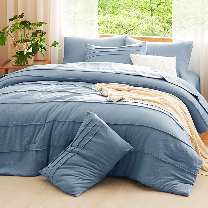 CozyLux Queen Comforter Set Grayish Blue, 7 Pieces Soft Pinch Pleat Bed in a Bag Queen Comforter Set with Sheets, Boho Bed Set with Down Alternative Comforter, Sheets, Pillowcases & Shams