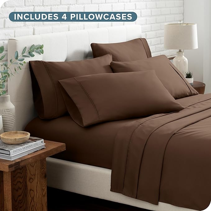 Bare Home Hotel Luxury Full Sheet Set, Extra Soft - 6 Piece Set - Deep Pockets - Easy Fit - Cooling & Breathable - Wrinkle, Fade, Stain Resistant - Includes 4 Pillowcases (Full, Cocoa)