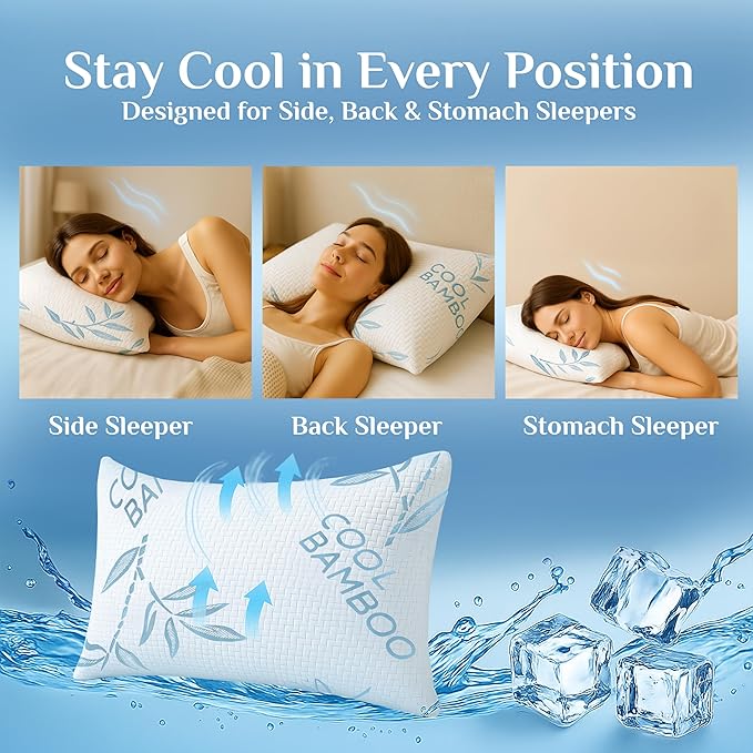 OMEO 2 Pack Bamboo Pillow Standard Size for Sleeping, Hypoallergenic Cooling Shredded Memory Foam Bed Pillows for Side, Back and Stomach Sleepers, Adjustable Loft and Washable Cover 20" x 26"