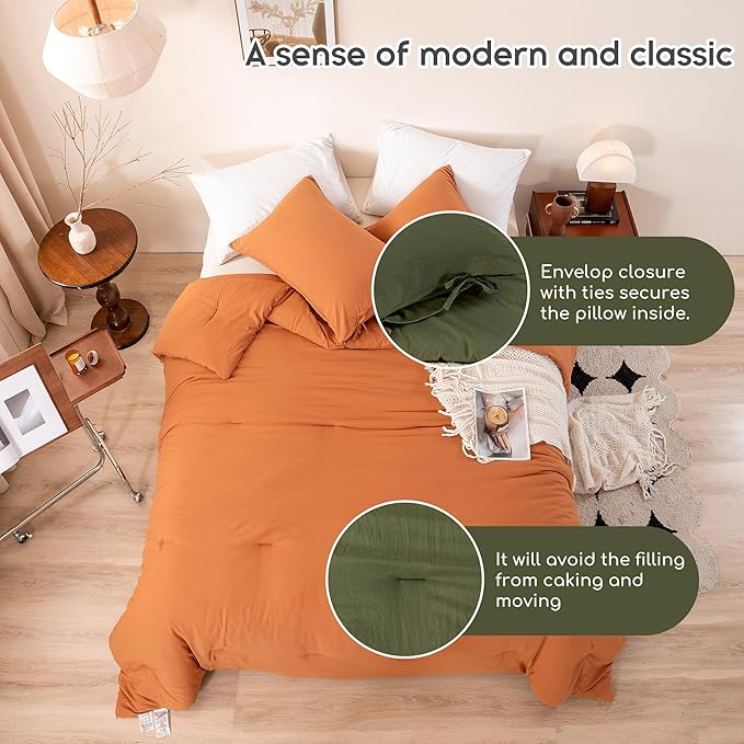 Burnt Orange Queen Size Comforter Set, Rust Comfy Fluffy Ultra Soft Polyester Cotton Blend, 3 Pieces Solid Terracotta Bedding Down Quilted Blanket Comforter & Pillowcase for All Season Use