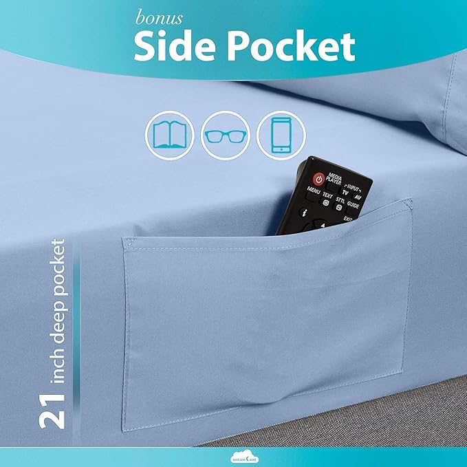 DREAMCARE Queen Sheet Set - 6 pcs Breathable Cooling Bed Sheets - up to 15" Deep Pocket Queen Sheets Set with Side Pockets - Extra Soft 100% Brushed Hypoallergenic Hotel Luxury Bedding - L Blue