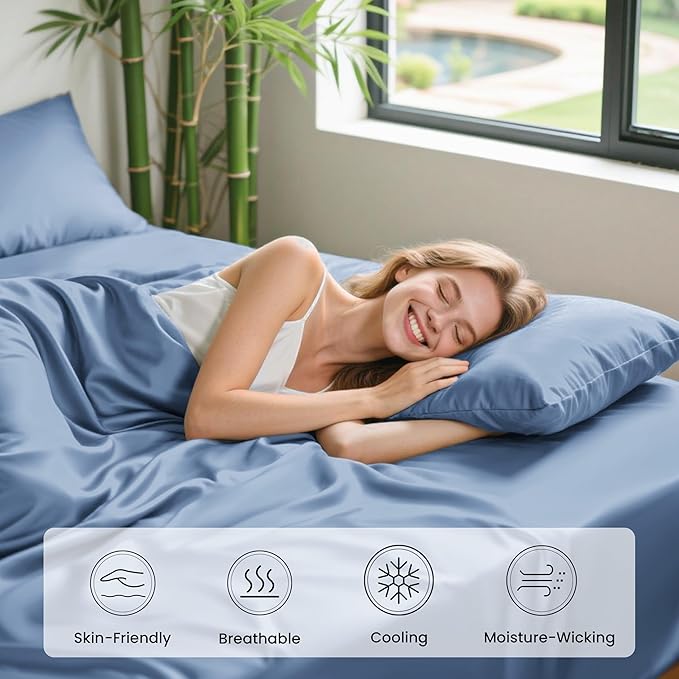 Love's cabin 4 Piece King Size Sheet Set, 100% Rayon Derived from Bamboo, Cooling & Breathable, Soft Silky Deep Pocket up to 16", Hotel Luxury Bedding for Hot Sleepers, Mineral Blue