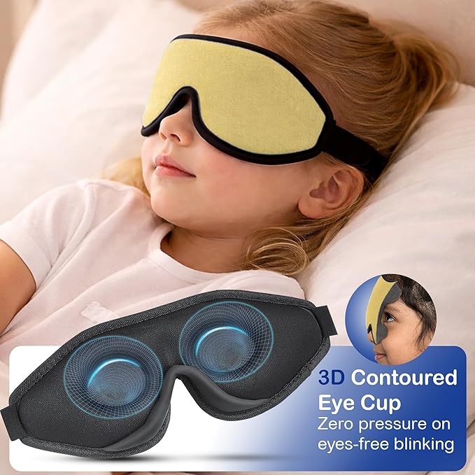 3D Sleep Mask for Kids, Light Block Sleeping Blindfold Memory Foam Contoured Eye Mask for Sleep, Adjustable Strap Eye Cover and Travel Sleep Mask for Boys Girls, Yellow
