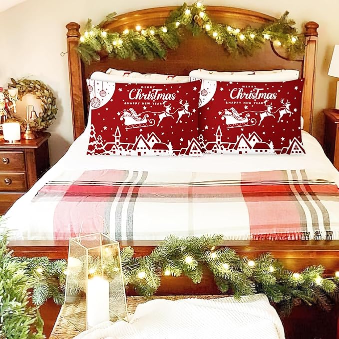 YIYEA Christmas Pillow Cases Queen Size Set of 2, Ultra Soft Double Brushed Microfiber Pillowcases Queen, Christmas Bed Pillow Covers, Fade Resistant, Easy Slip-On (20"x30")