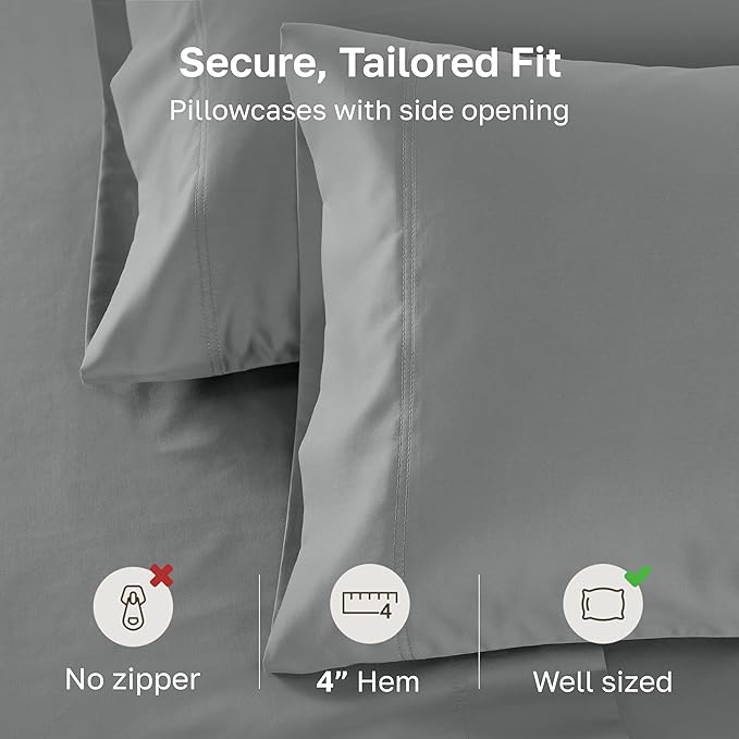 Luxuriously Soft Premium 600 Thread Count, 100% Cotton Set of 2 Cases, Crisp Pillow Cases King Size Set of 2, Fits King Pillows (Mist Grey)