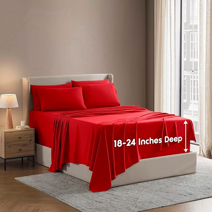 Nestl Extra Deep Full Sheet Set - 6 Piece Breathable & Cooling Sheets - Hotel Luxury Bedding Set w/18-24 Inch Deep Pockets - Easy & Secure Fit - Super Soft, Wrinkle Free & Comfy - Red