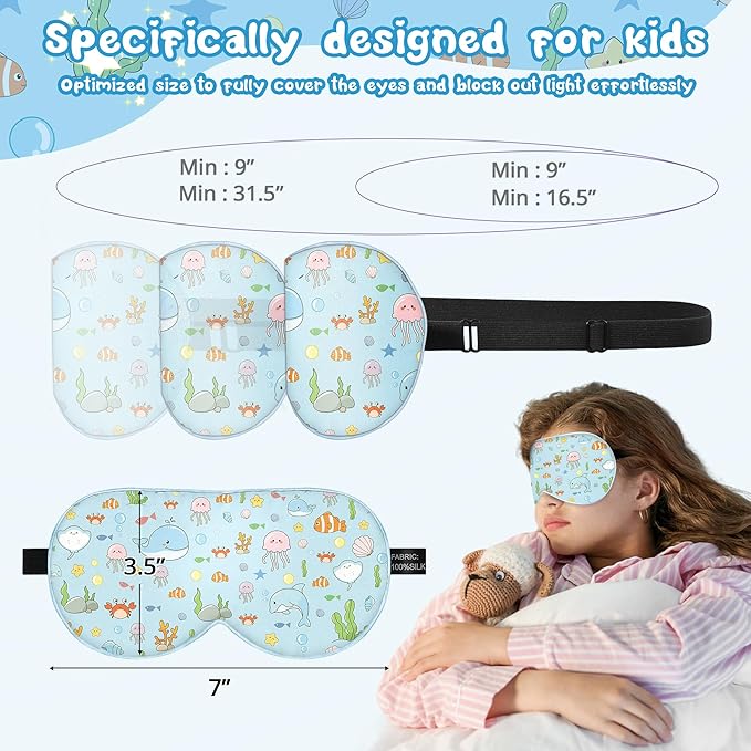 Kids Sleep Mask Eye Cover: 100% Real Natural Pure Silk Eye Mask with Adjustable Strap, Funny Blindfold Kids Eye Mask for Sleeping, Soft & Lightweight Eye Shade for Boys Girls Teens (Ocean Style)