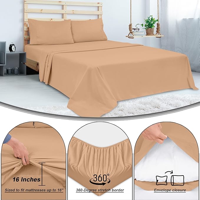 ROYALE LINENS 300 Thread Count 100% Long Staple Combed Cotton Sheet Set - 4 Piece King Bed Sheets - 1 Fitted, 1 Flat & 2 Pillow Cases - Soft Cool & Crisp Sheet Set (King, Sand)