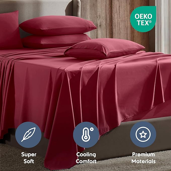 Nestl Extra Deep Queen Sheet Set - 6 Piece Breathable & Cooling Sheets - Hotel Luxury Bedding Set w/18-24 Inch Deep Pockets - Easy & Secure Fit - Super Soft, Wrinkle Free & Comfy - Burgundy Red