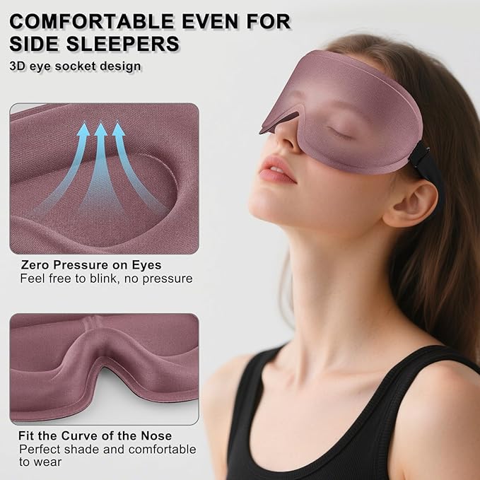 2 Pack Sleep Mask for Side Sleeper, Complete Light Blocking 3D Sleeping Eye Mask, Soft Breathable Eye Cover for Women Men, Travel, Nap, Relaxing Zero Pressure Night Blindfold (Pink+Purple)