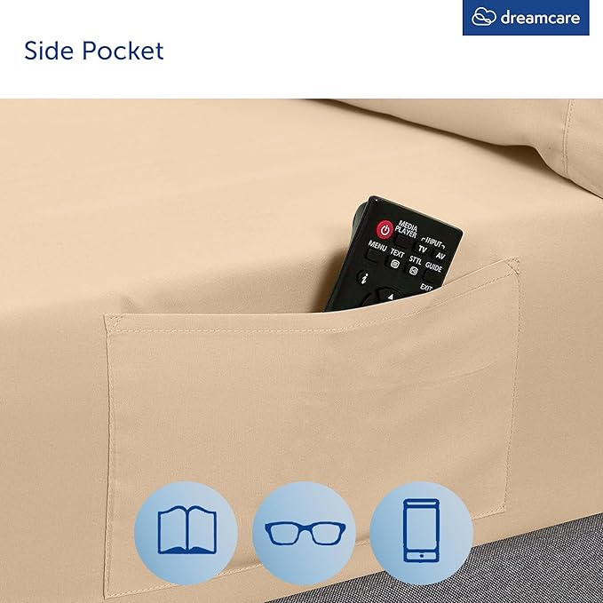 DREAMCARE King Size Sheets Set - Cooling Bed Sheets - 4pcs Set - up to 15" Deep Pocket King Sheet Set – Soft & Long Lasting Cooling - 100% Fine Brushed Polyester with Side Pocket, Wheat