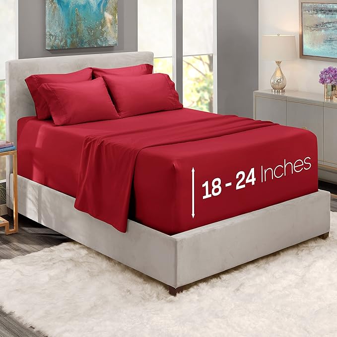 Hearth & Harbor Bed Linen Set - King Size, 6 Piece, Extra Deep Pocket, Burgundy, Microfiber