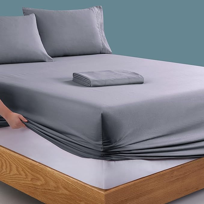 Manyshofu Extra Deep Pocket Full Size Sheets Set - Hotel Luxury 1800 Thread Count Sheets & Pillowcases - Kids Bedding Set up to 24" Mattress - Grey Bed Sheets 18-24 Inch Deep Pockets - 4 Piece