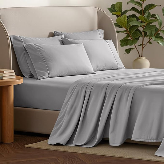Bare Home Hotel Luxury Full XL Sheet Set, Extra Soft - 6 Piece Set - Deep Pockets - Easy Fit - Cooling & Breathable - Wrinkle, Fade, Stain Resistant - Includes 4 Pillowcases (Full XL, Light Grey)