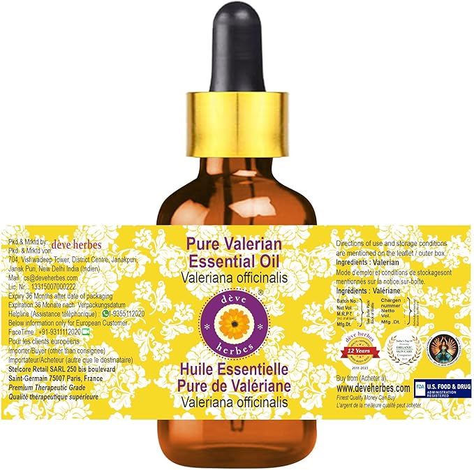 Deve Herbes Pure Valerian Essential Oil (Valeriana officinalis) with Glass Dropper Steam Distilled 50ml (1.69 oz)