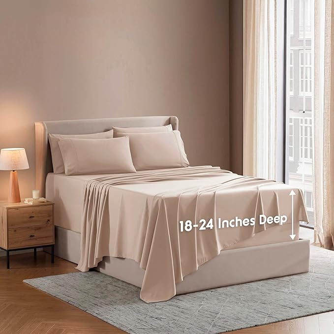 Nestl Extra Deep Twin Sheet Set - 4 Piece Breathable & Cooling Sheets - Hotel Luxury Bedding Set w/18-24 Inch Deep Pockets - Easy & Secure Fit - Super Soft, Wrinkle Free & Comfy - Beige Cream