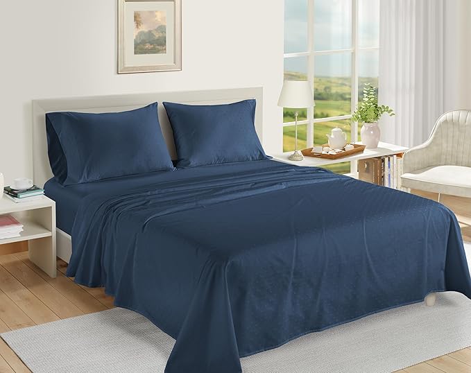 LANE LINEN Pillows Queen Size Set of 2, Soft 100% Egyptian Cotton, Cool & Smooth Pillow Cases - Swiss Dot - Estate Blue