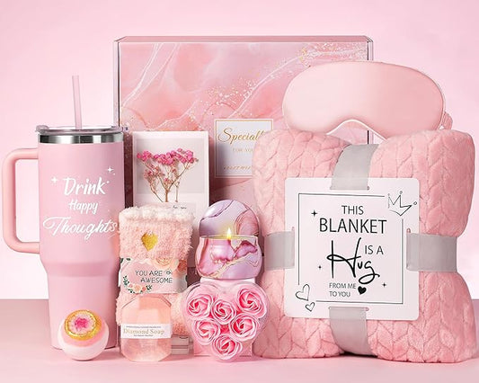 Aeenr Mothers Day Birthday Gifts for Women Self Care Get Well Soon Gift Baskets, Unique Relaxing Spa Gift Set W/Flannel Blanket & 40 OZ Tumbler for Mom Wife Her Sister Girlfriend Valentines Christmas