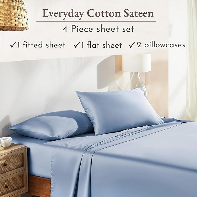 California Design Den Queen Sheet Set - Natural 100% Cotton Sheets Queen Size Bed Set with Deep Pockets, Soft Sateen Weave, Breathable and Durable Bedding (Blue Hydrangea)