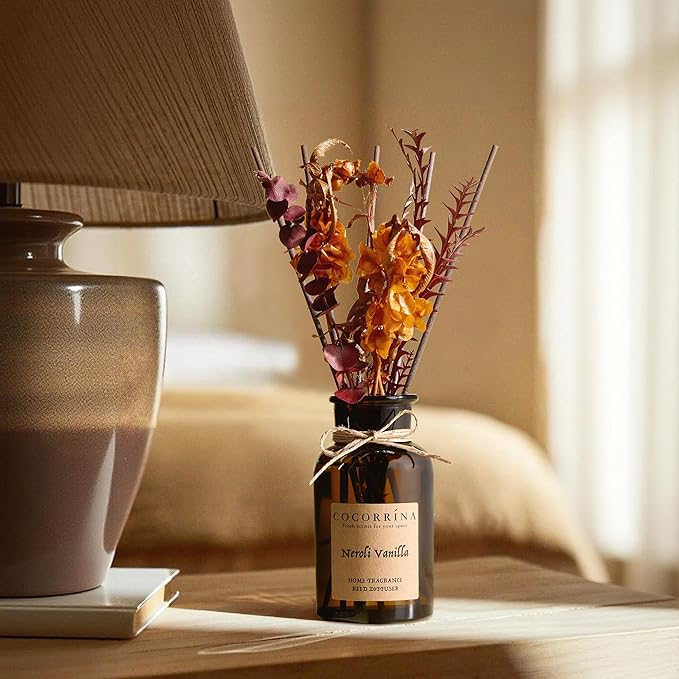Cocorrína Reed Diffuser Set, 6.7oz Flower Reed Diffuser with Real Preserved Flowers - Neroli Vanilla Scented Oil & Sticks - Long Lasting Home Fragrance for Bedroom Bathroom Shelf Decor