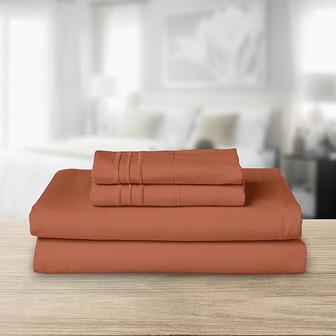 Elegant Comfort Luxurious 1500 Premium Hotel Quality Microfiber Three Line Embroidered Softest 4-Piece Bed Sheet Set, Wrinkle and Fade Resistant, Queen, Coral