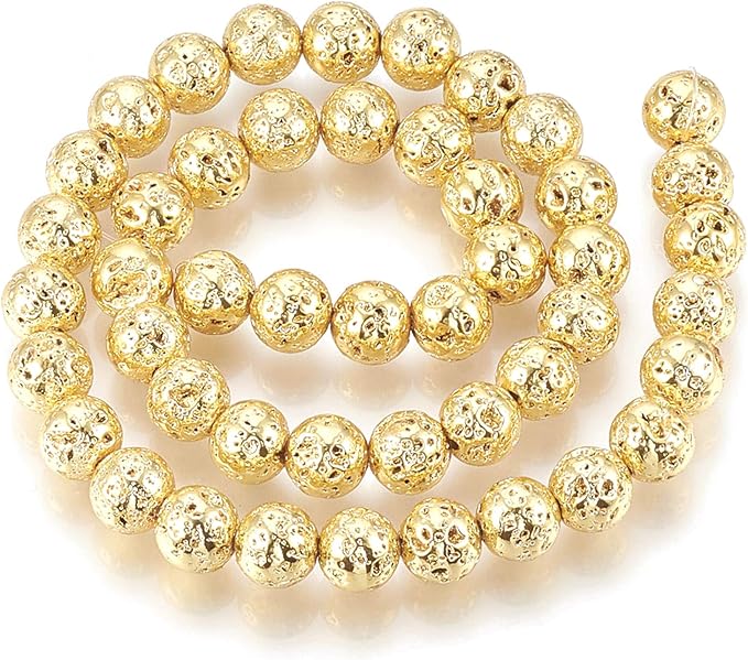 Craftdady 590Pcs Natural Round Lava Stone Beads 6-7mm Gold Volcanic Rock Gemstone Loose Beads Metallic Energy Healing Chakra Beads for Jewelry Craft Essential Oil Bracelet
