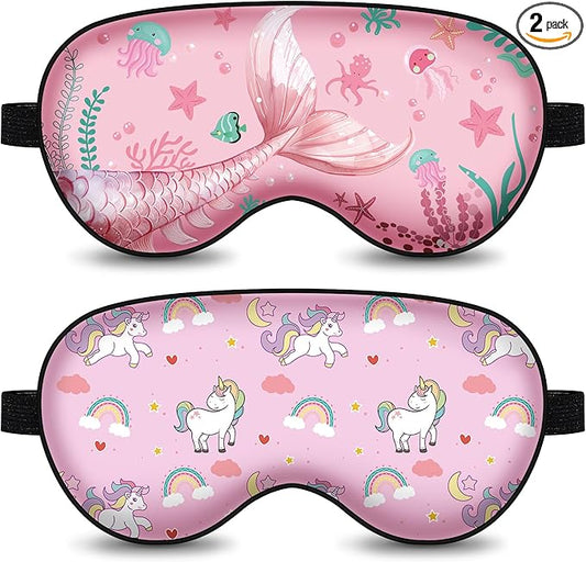 2 Pcs Sleep Mask for Kids,Cute Blackout Kid Eye Mask, Girls Eye mask for Kids Teen,Unicorn Sleep Mask with Adjustable Strap for Home Party Children's Travel Soft Eye Cover Blindfold (Unicorn + Ocean)