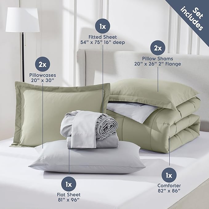 Nestl 9 Piece Full Comforter Set – Light Sage Reversible Bed in a Bag – Complete Full Size Bedding Set with Sheets, Set of 2 Down Alternative Pillows, Pillowcases and Shams