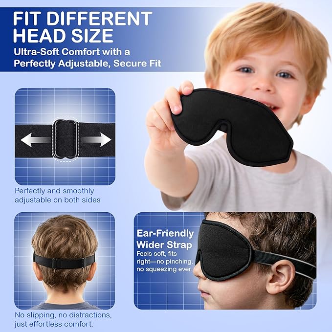 3D Sleep Mask for Kids, Light Block Sleeping Blindfold Memory Foam Contoured Eye Mask for Sleep, Adjustable Strap Eye Cover and Travel Sleep Mask for Boys Girls, Black
