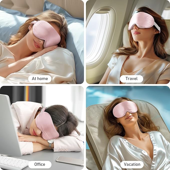 LitBear 100% 22 Momme Mulberry Silk Sleep Mask - 3D Contoured Eye Mask for Men Women, Soft Breathable Sleeping Mask with Adjustable Strap, Perfect Blocks Light for Sleeping (Pale Pink)