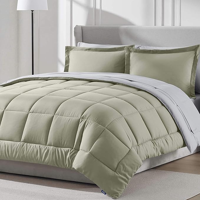 Nestl 9 Piece Queen Comforter Set – Light Sage Reversible Bed in a Bag – Complete Queen Size Bedding Set with Sheets, Set of 2 Cooling Pillows, Pillowcases and Shams