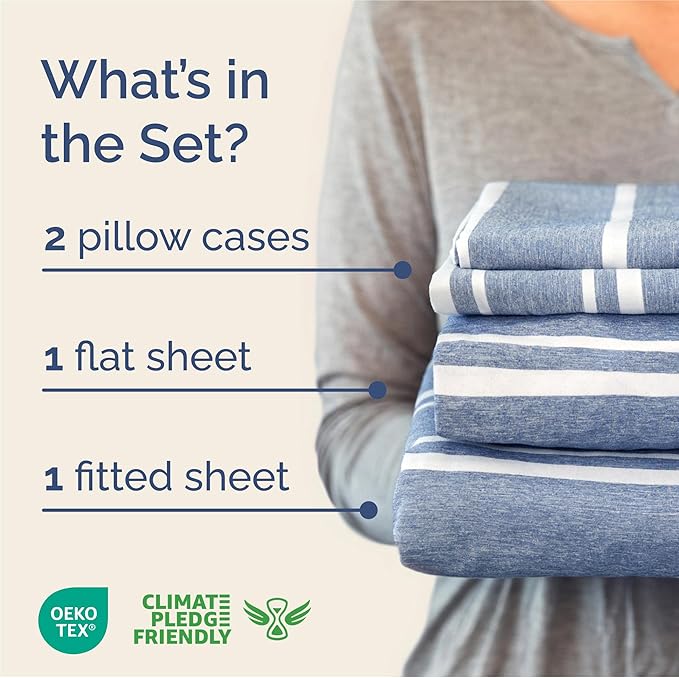 King Size 4 Piece Sheet Set - Comfy Breathable & Cooling Sheets - Hotel Luxury Bed Sheets for Women & Men - Deep Pockets, Easy-Fit, Soft and Wrinkle Free Sheets - Blue Stripes Oeko-Tex Bed Sheet Set