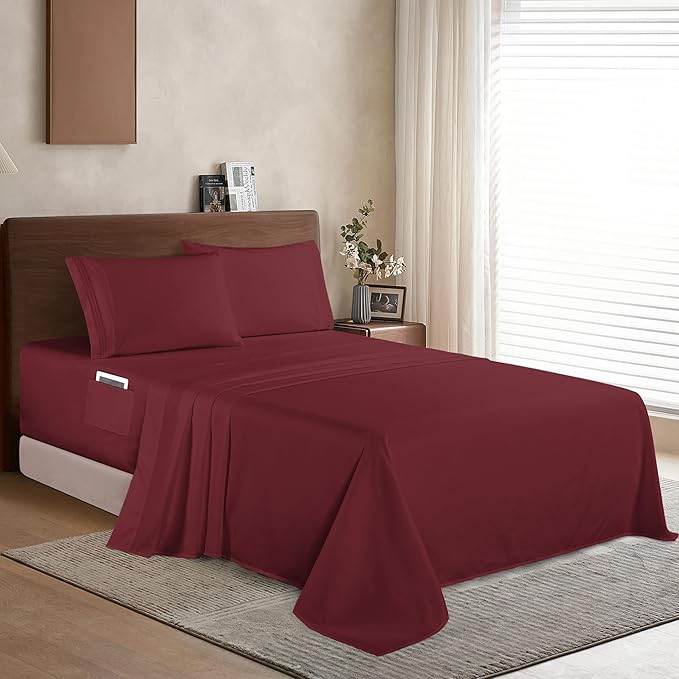 Elegant Comfort Luxury 1500 Premium Hotel Quality Microfiber 4-Piece Sheet Set - Soft, All Around Elastic 18-24 Inches Deep Fitted Sheet - Extra Deep Pocket Sheets, California King, Burgundy