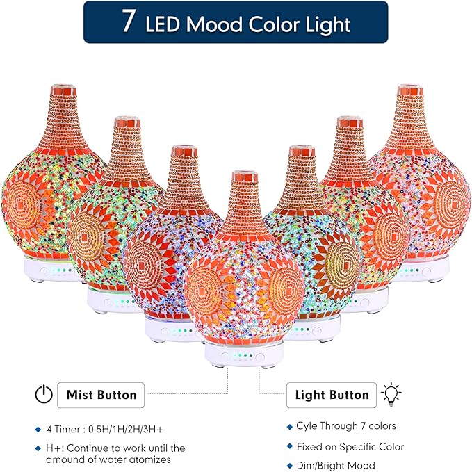 Mosaic Glass Essential Oil Diffuser,Tiffany Aromatherapy Diffuser Sunflower Pattern 100ml Turkish Moroccan Color Changing Aroma Ultrasonic Diffusers Cool Mist Air diffuser for Sleeping SPA Office Home