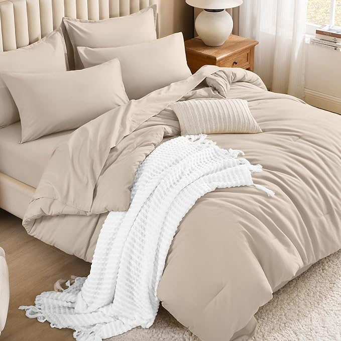 Litanika Comforter Full Size Set Khaki - 7 Pieces Bed in a Bag Full Bedding Comforter Sets, Plain Lightweight Bed Set with Comforter, Sheets, Pillowcases & Shams