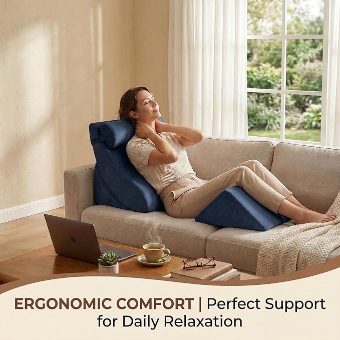 Axelrod 4PCS Orthopedic Bed Wedge Pillow Set, Post Surgery Foam for Back, Neck and Leg Pain Relief Comfortable & Adjustable Pillows- Anti Snoring, Heartburn, Acid Reflux & GERD Sleeping Dark Blue