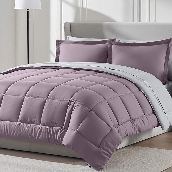 Nestl 9 Piece California King Comforter Set – Dusty Purple Reversible Bed in a Bag – Complete Cal King Size Bedding Set with Sheets, Set of 2 Down Alternative Pillows, Pillowcases and Shams
