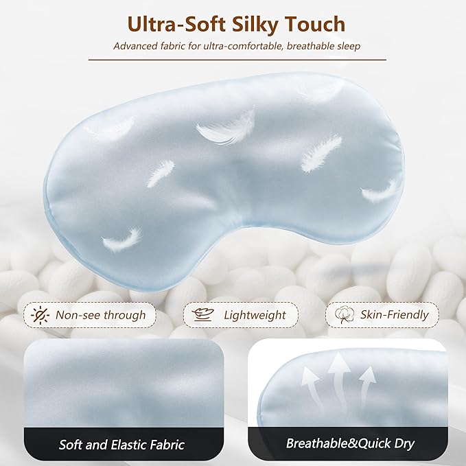 Sleep Mask Silk Eye Mask for Men Sleeping Mask, Adjustable Elastic Strap for Night Shading Sleep Mask, Soft and Comfortable for Both Men and Women (Light Blue, 3 Packs)