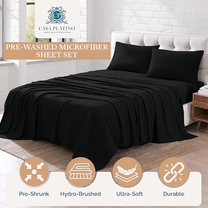 Casa Platino California King Sheets, 4 Piece Set, Pre-Washed Ultra Soft Bed Sheets Set, Brushed Microfiber Bedding Sets, Size Sheet with 15 inch Deep Pockets - Black