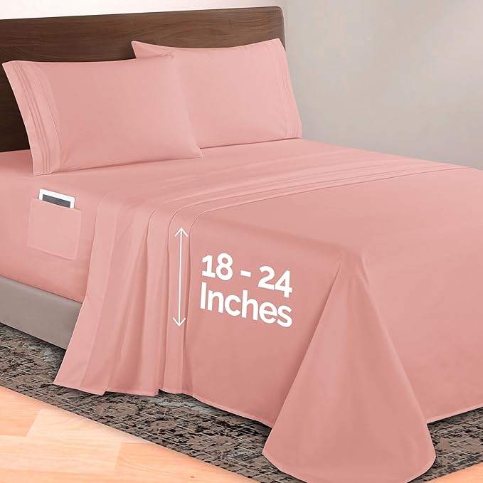 Elegant Comfort Luxurious 1500 Premium Hotel Quality Microfiber 4-Piece Sheet Set, 18-24 Inches Deep - Extra Deep Pocket Sheets - Ultra Soft 4PC Deep Pocket Sheets, Queen, Dusty Rose