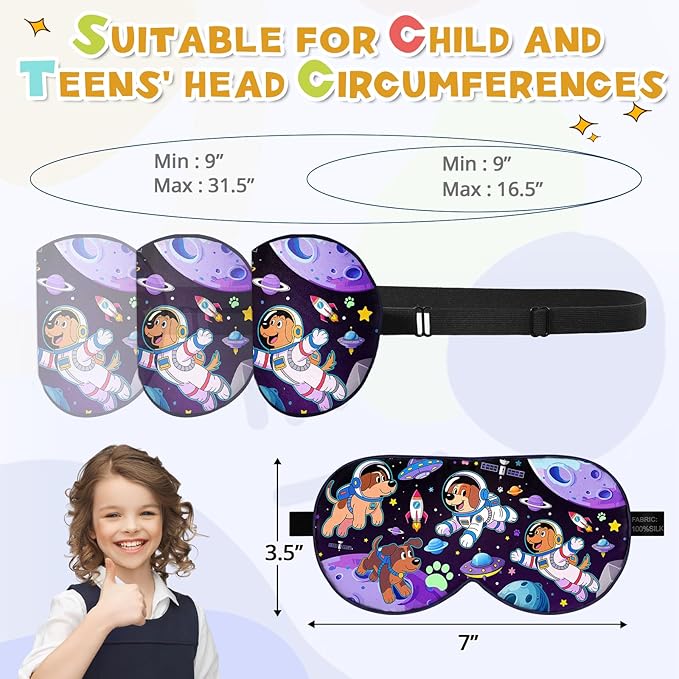 Silk Kids Sleep Mask: 100% Mulberry Silk Eye Mask, Sleeping Masks with Adjustable Strap, Soft & Light-Blocking Printed Kid Eye Cover for Boys Girls Teens Aged 5-15 (Space Dog Theme)