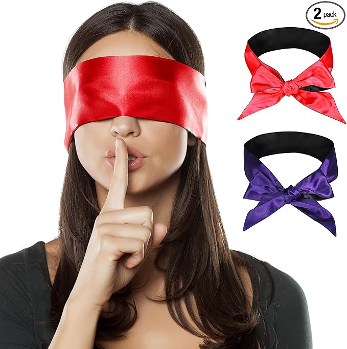 FRESHME 2pc Satin Sleep Mask - Lightweight Blindfold Eye Mask Cover for Women Men Couples Night Gift, Valentine's Day Gift Double Sides Dark Purple & Black+Red & Black 2pc Set
