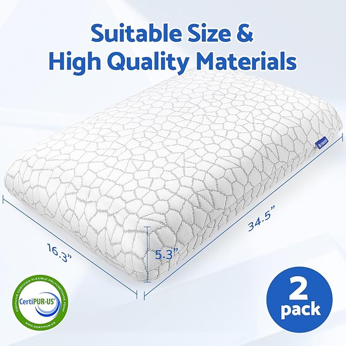 CushZone Memory Foam Pillows for Sleeping, Bed Pillow with Removable and Machine Washable Cover, Bed Pillow for Side, Back and Stomach Sleepers, King Size (2 Pack)